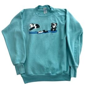 Vintage Healthknit Panda Sweatshirt Women’s Size L Aqua Blue Made In USA